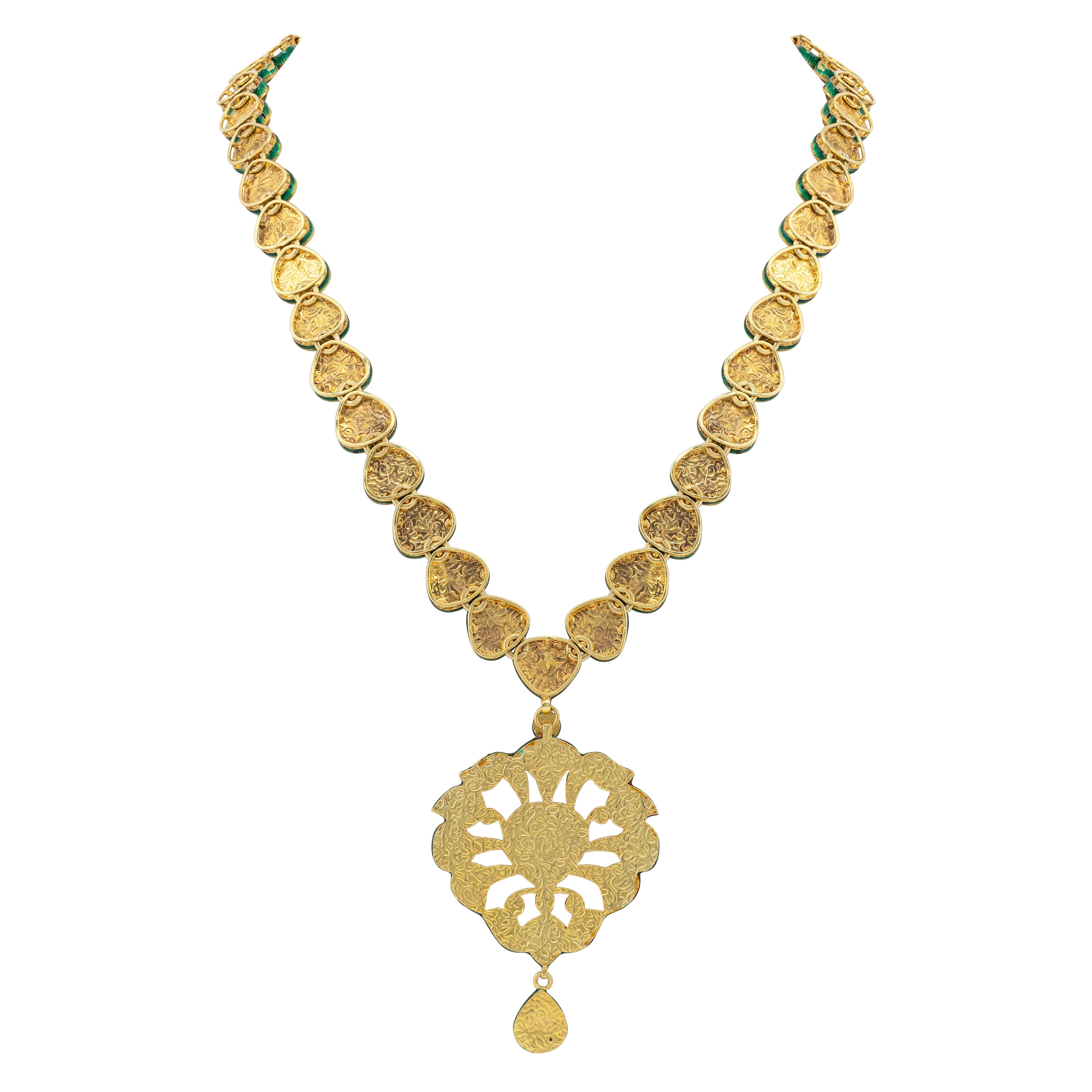 Polki Diamond Necklace with Blue Enamel and Pendant